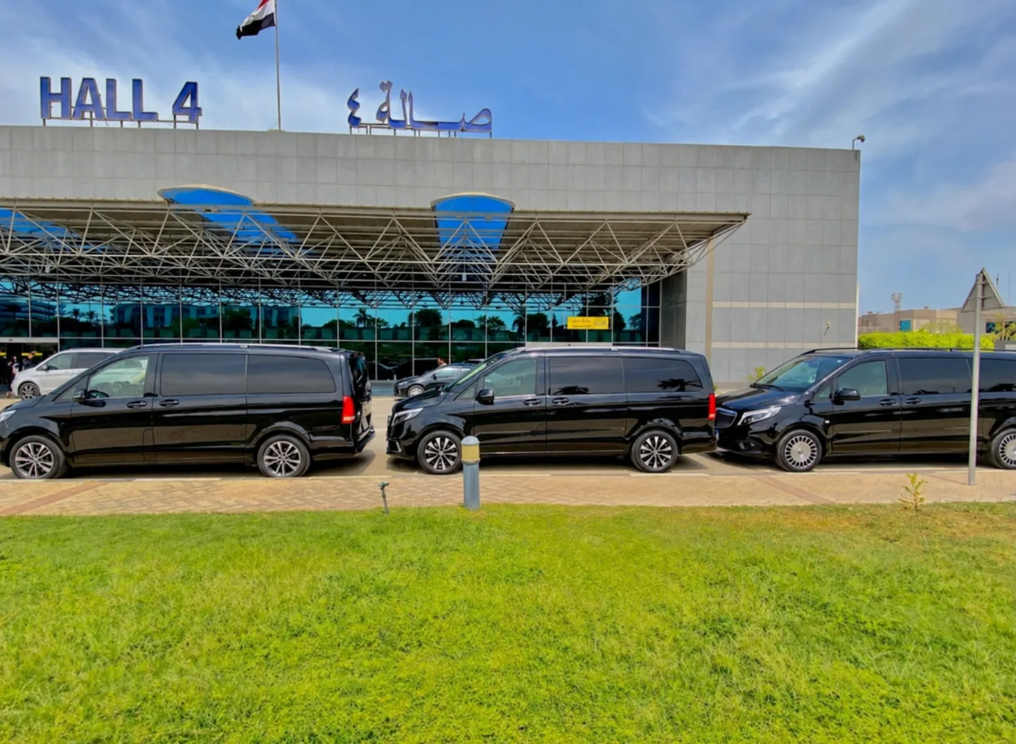 Three RU Viaggi Mercedes V-Class vehicles ready for airport reception at Cairo International Airport